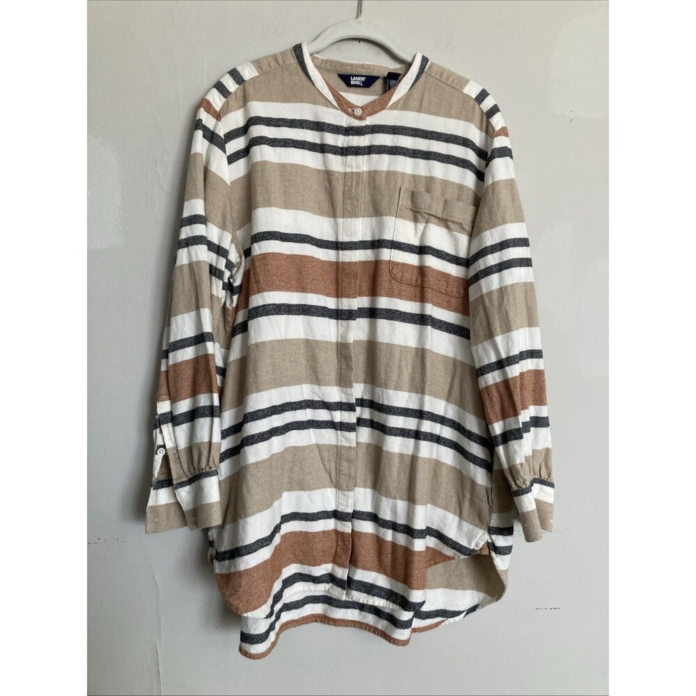 Lands’ End Striped Flannel Tunic XL Petite Women's Natural Beige Pockets Cotton